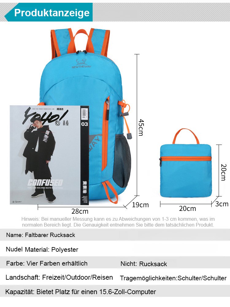 Großer faltbarer Wanderrucksack, leichter als ein Ei.