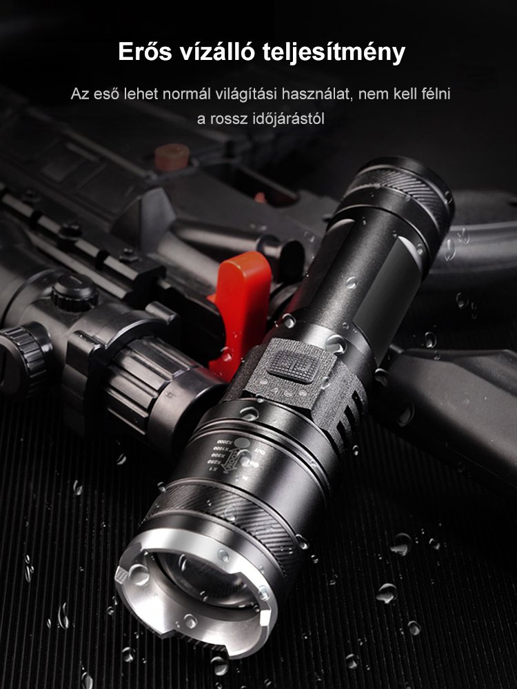 Erős LED-es, állítható fényszóróval ellátott kültéri zseblámpa.