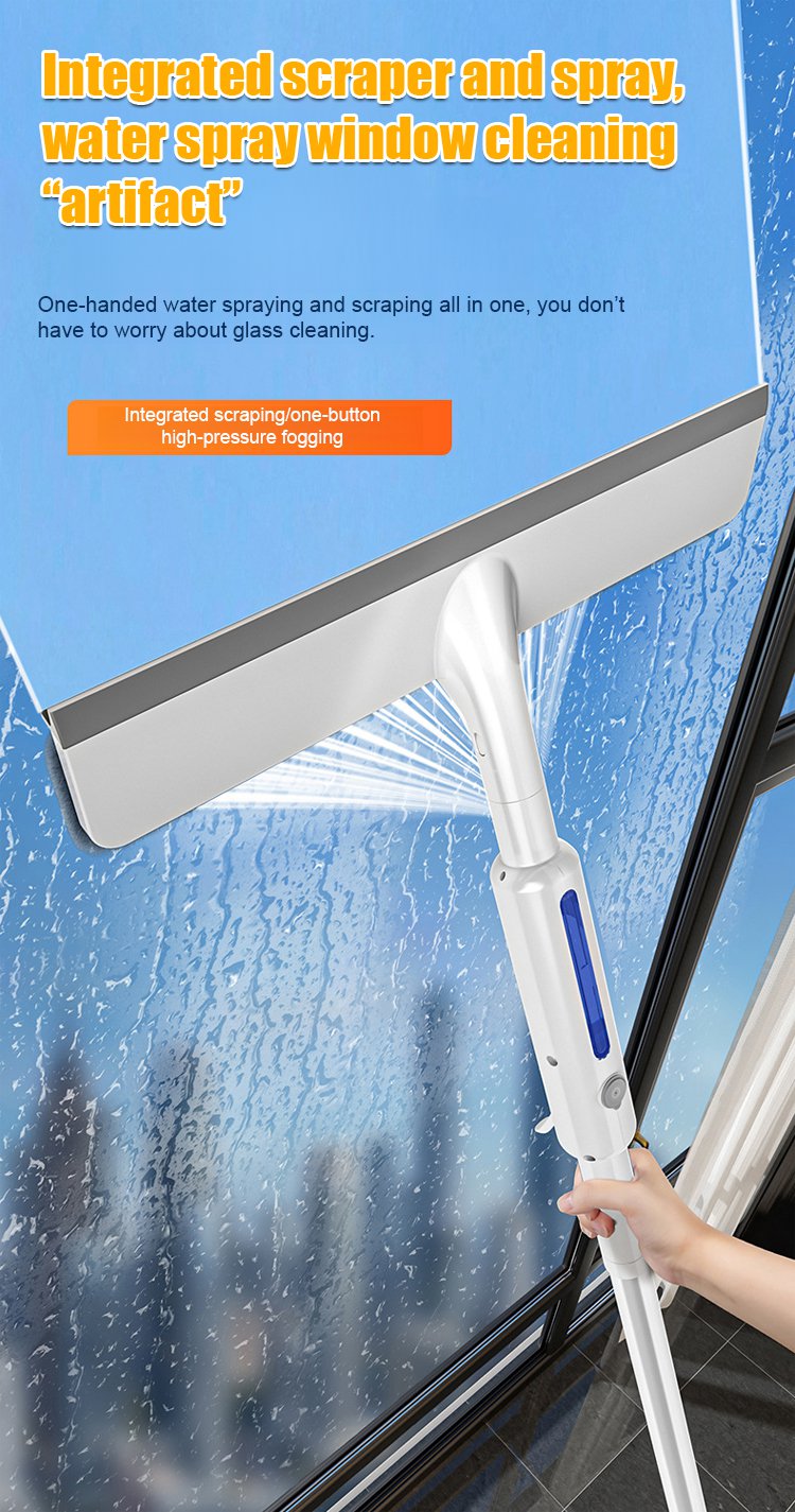 Water-spraying window cleaning tool in use on glass