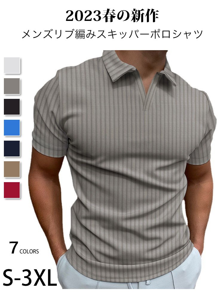 メンズリブ編みスキッパーポロシャツ全体画像