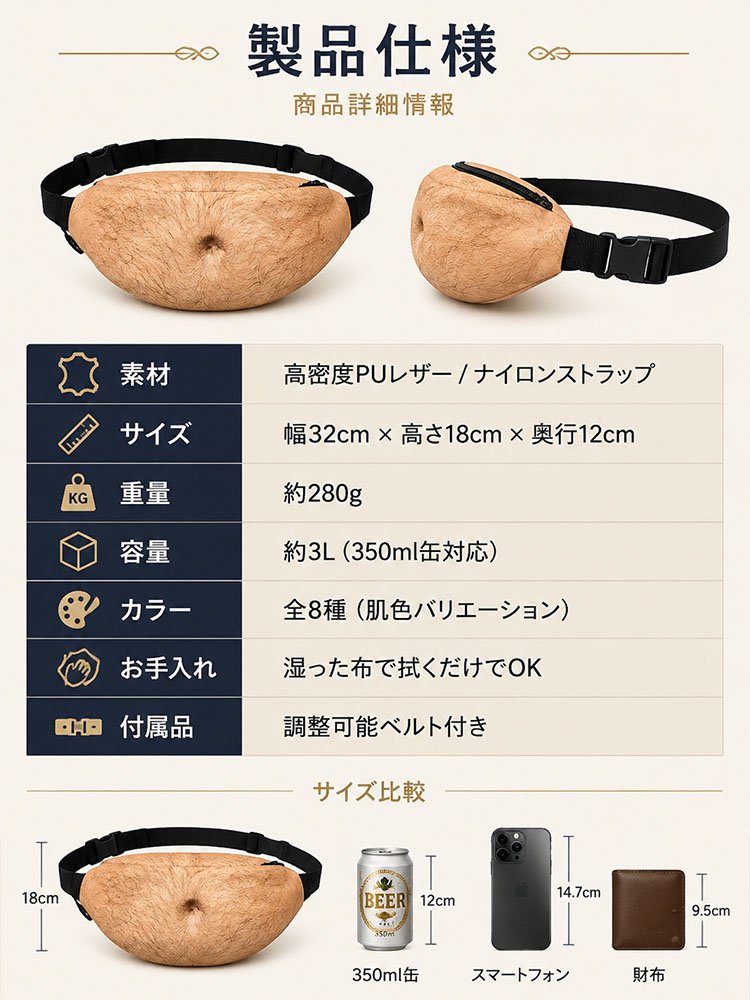 リアルなぽっこりお腹風おもしろ大容量ウエストポーチ