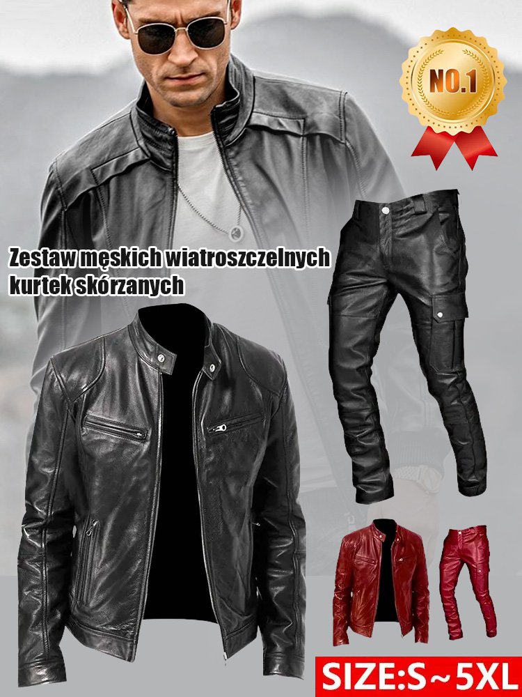 Jesienno-zimowy męski zestaw przeciwdeszczowy z kurtką skórzaną.