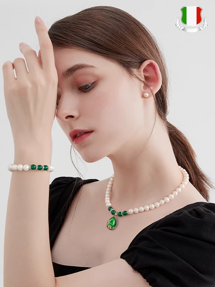 【هدية مختارة للأم】 طقم قلادة من اللؤلؤ واليشم الأخضر