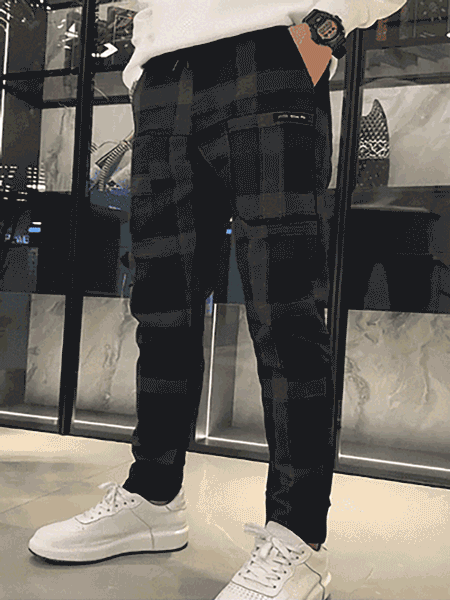 Check stretch six-pocket straight-leg trousers