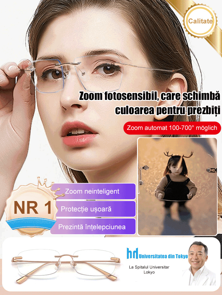 Ochelari pentru presbiopie cu zoom fără jante care schimbă culoarea 【Model pentru bărbați și femei】