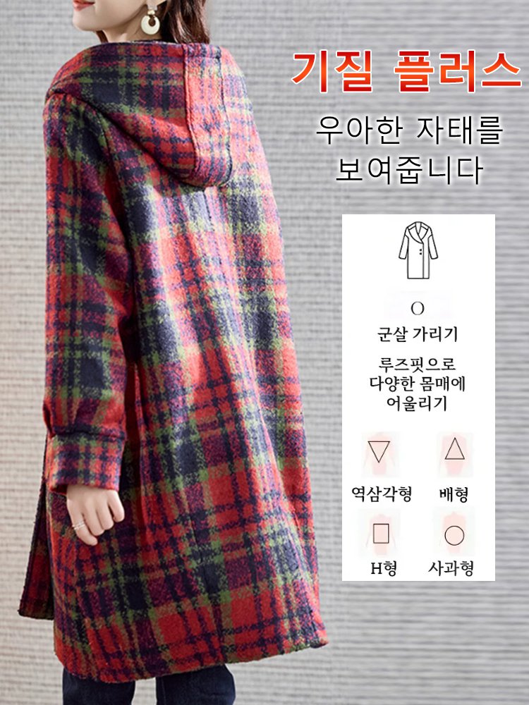 [날씬해 보임] 캐주얼 체크무늬 여성용 모직 코트