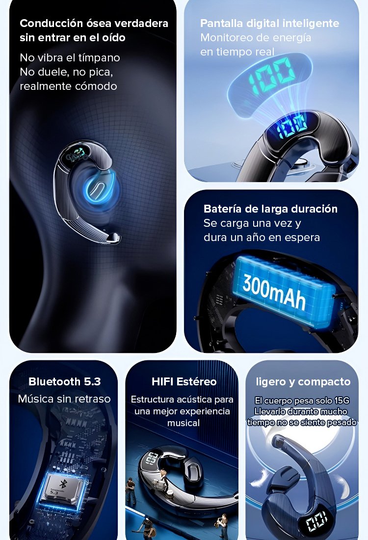 Auriculares de conducción ósea con pantalla numérica de larga duración