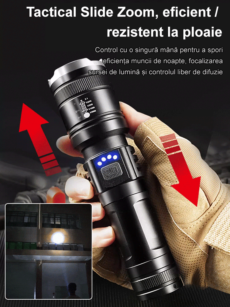 Lanterna cu LED-uri puternice, cu zoom, pentru uz exterior.
