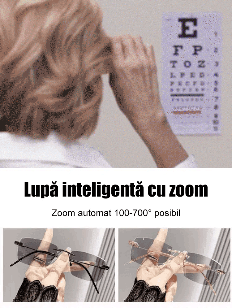 Ochelari pentru presbiopie cu zoom fără jante care schimbă culoarea 【Model pentru bărbați și femei】
