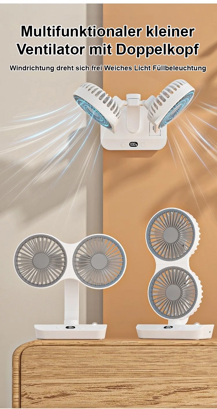 Doppelt geräuschreduzierter Doppelkopf-Ventilator auf einem Schreibtisch