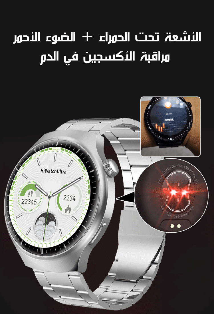 ساعة ذكية مع وظيفة قياس نسبة السكر بطريقة صحية وغير جراحية
