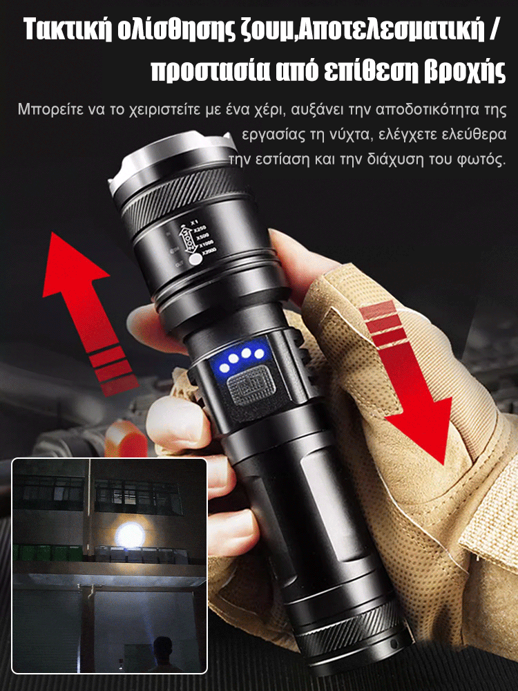 Φακός LED με ισχυρό φωτισμό, επεκτεινόμενος και ρυθμιζόμενος για εξωτερική χρήση.