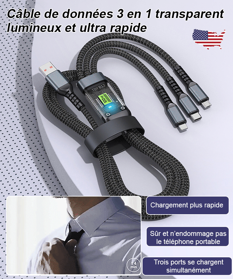 Câble de données 3-en-1 à charge super rapide et lumineux transparent