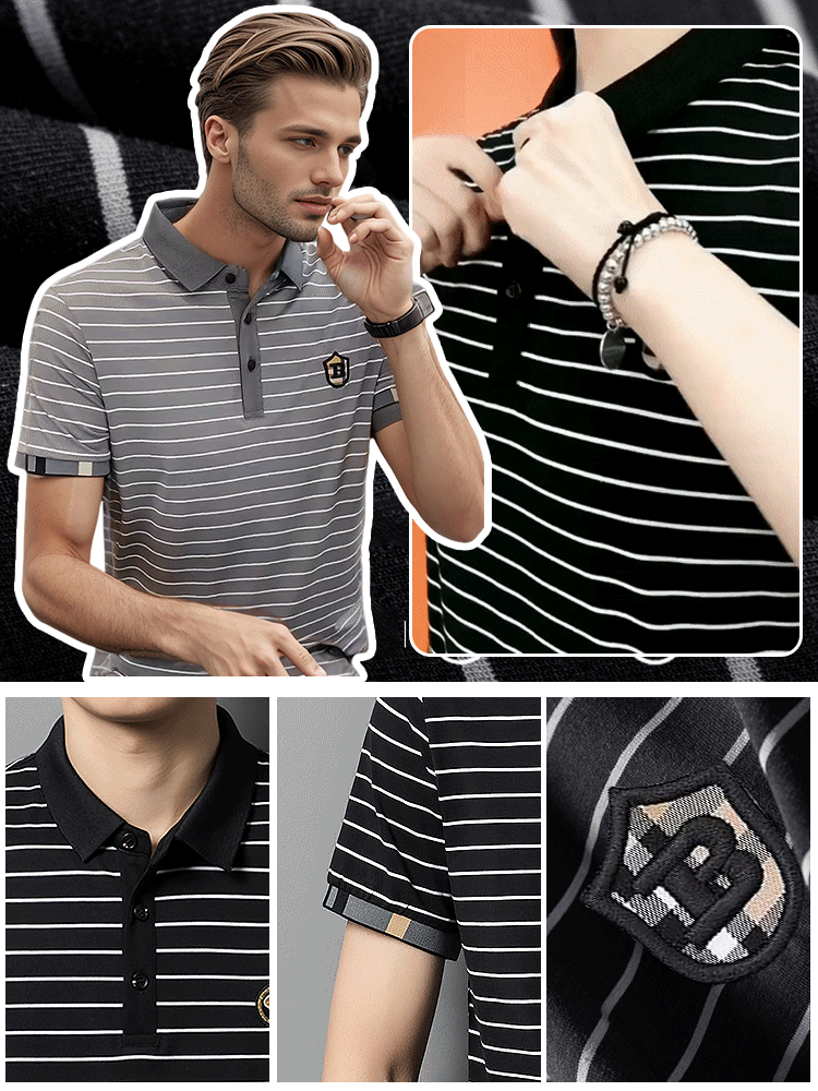 สื้อโปโลแขนสั้นลายทางแฟชั่น