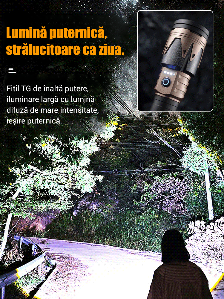 【Sursă dublă de lumină, rază ultra-luminoasă】Lanternă cu focalizare variabilă și laser alb