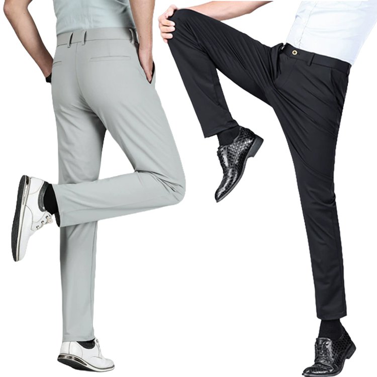 夏用アイスシルクカジュアルパンツ メンズ 薄手速乾通気ストレートビジネスカジュアルパンツ