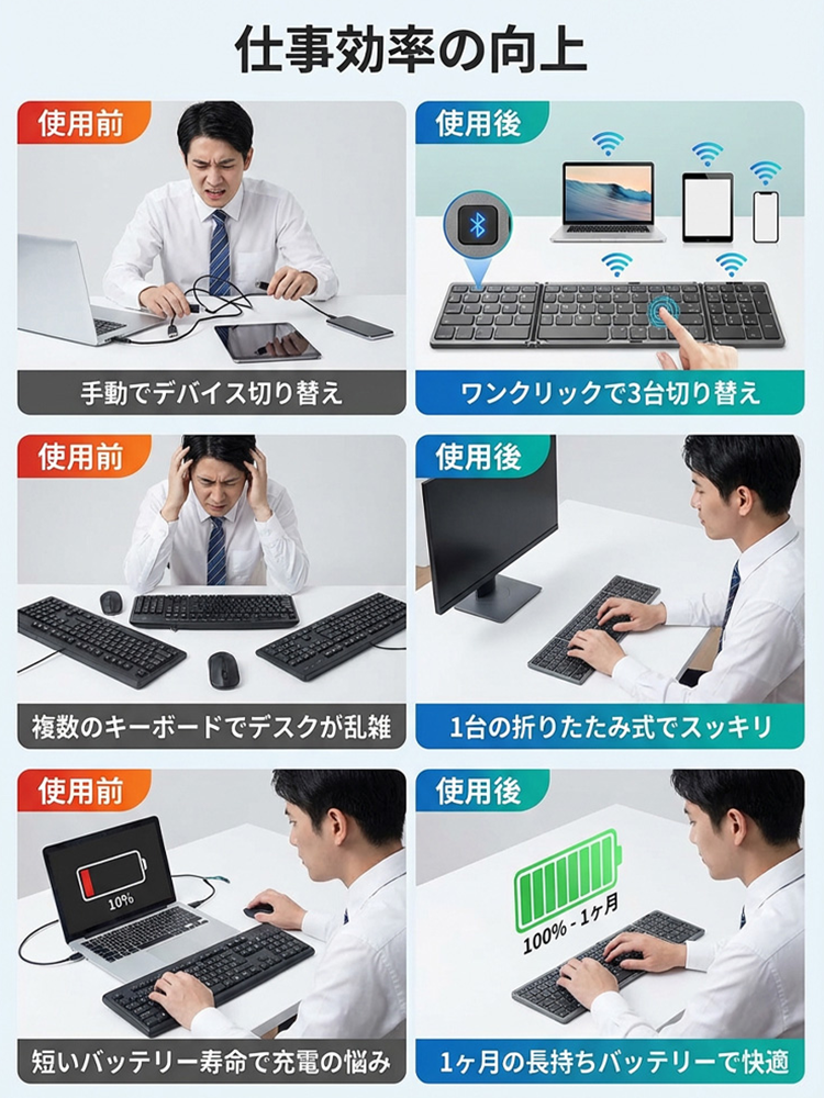 3つ折り式Bluetoothワイヤレスポータブルキーボード