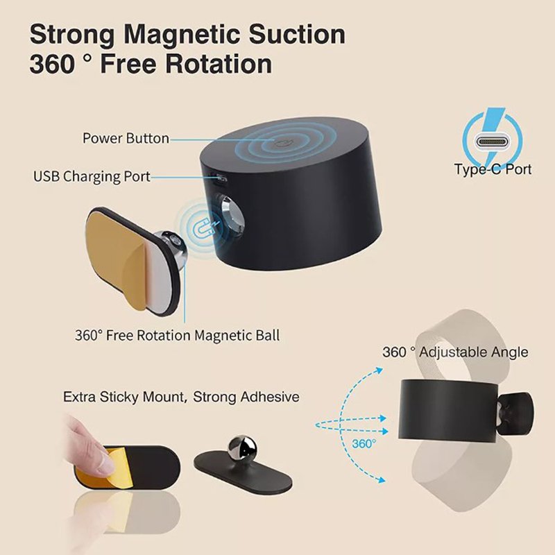 Rechargeable Battery Operated 3 Color Temperatures Dimmable Wall Sconce Lamp Magnetic 360 Rotation C