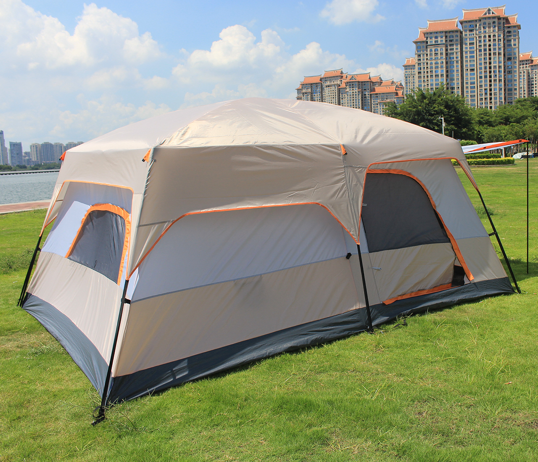 Wide-angle shot of the tent setup in a scenic outdoor camping area