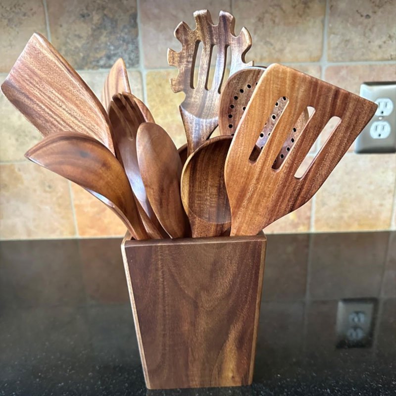 Wooden Spoons for Cooking, Acacia Wood Cooking Utensils Set 11 Piece Wooden Kitchen Tools with Holde
