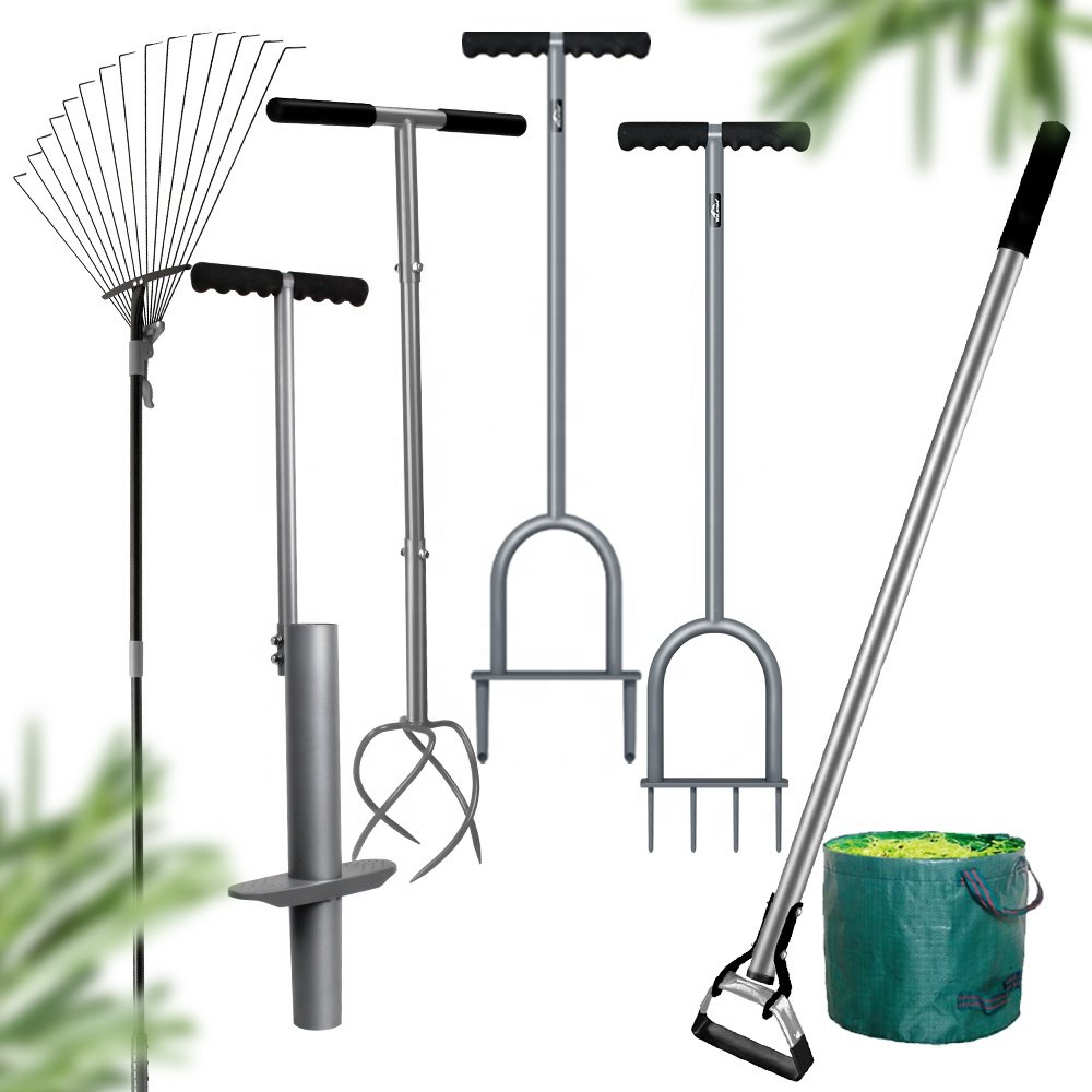 Garden tool set for planting bulbs, lawn aeration and leaf sweeping