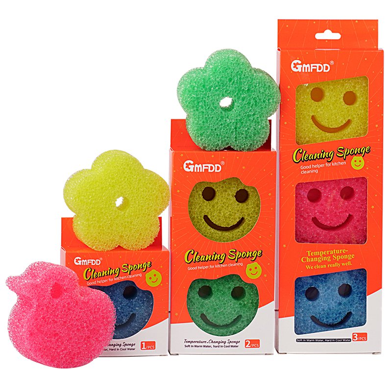 3pcs/pack Colorful  Happy Face Scrub Sponge Flower Scour Sponges Deep Cleaning Temperature Control D