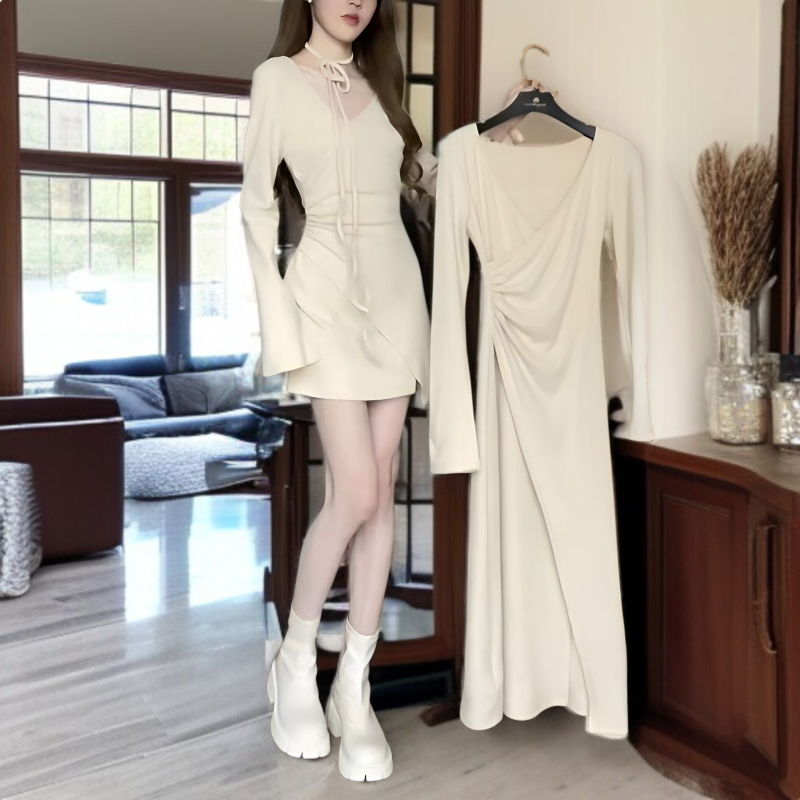 여성원피스 밴딩 허리 여리여리 긴팔원피스 부드러운 순욕풍 셔링 언밸런스 스커트 롱 언밸런스 원피스