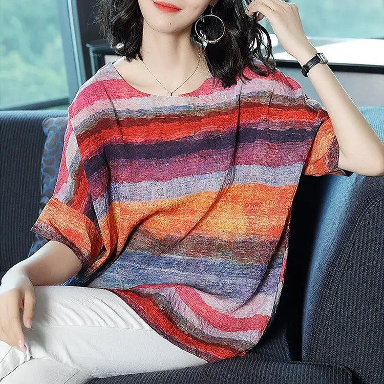 여성 다색 린넨 루즈핏 티셔츠