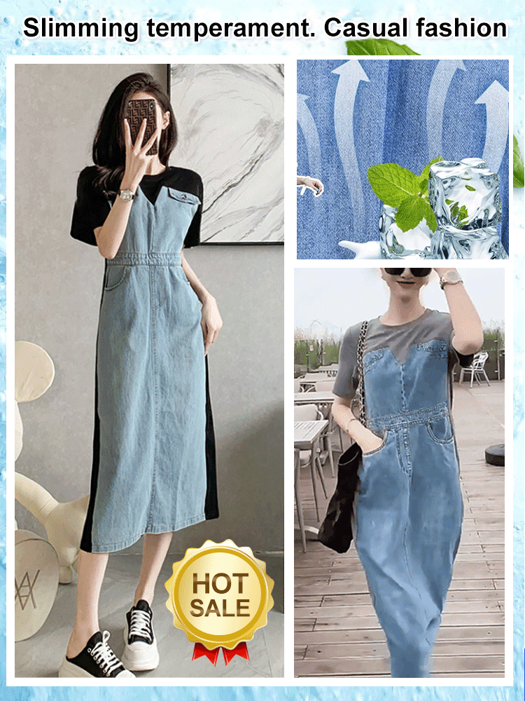 A faux two-piece denim dress with a youthful and refreshing vibe