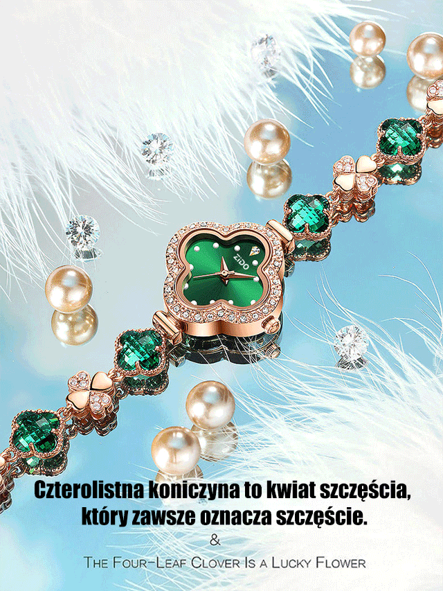 Wysokiej jakości zegarek damski z jadeitem i diamentami w kształcie czterolistnej koniczyny