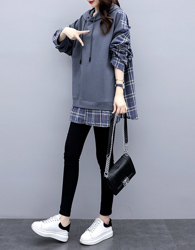 ファッション人気新作フード付きチェック柄切り替えスウェット