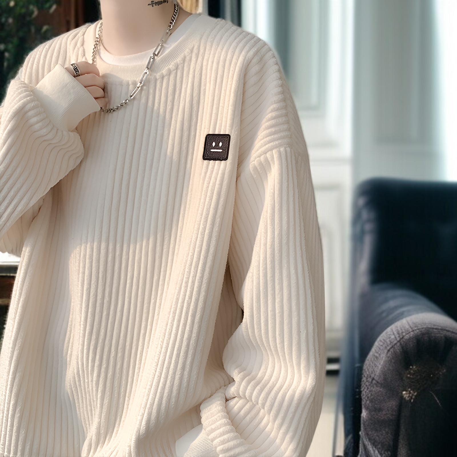 和風コーデュロイ素材のラウンドネックスウェットシャツ