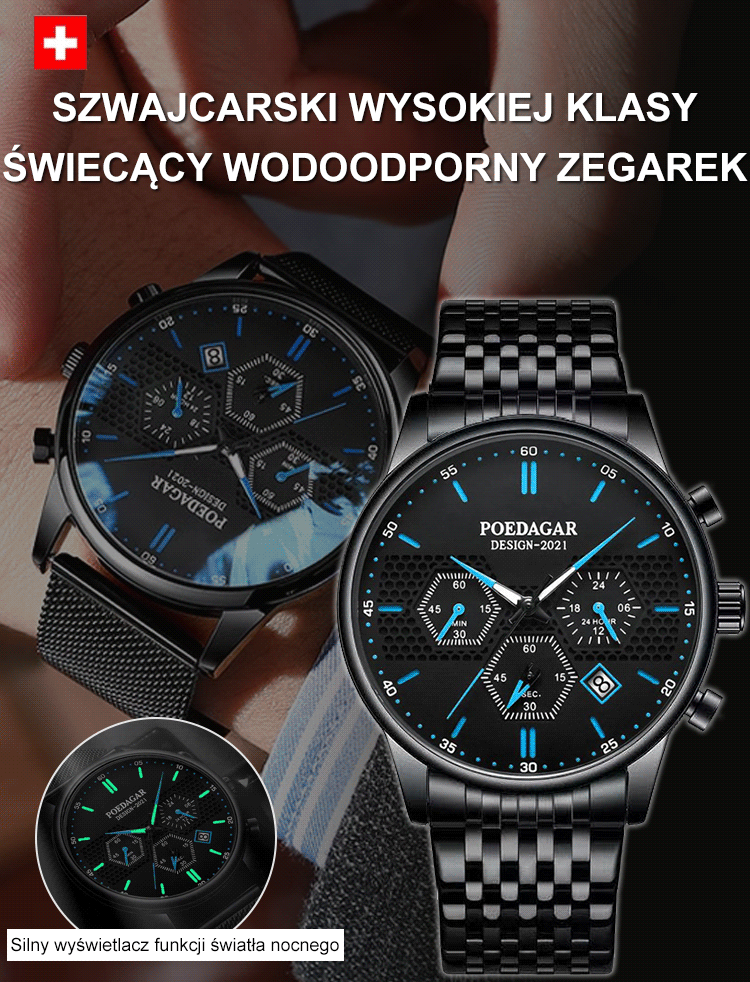 Szwajcarski wysokiej klasy świecący wodoodporny zegarek