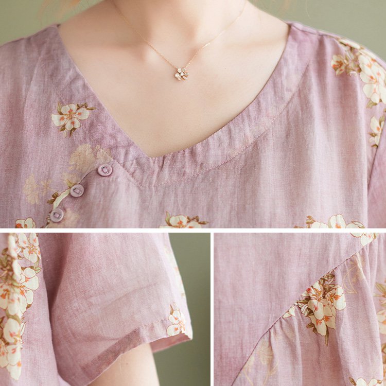 綿麻・捺染Vネックブラウス