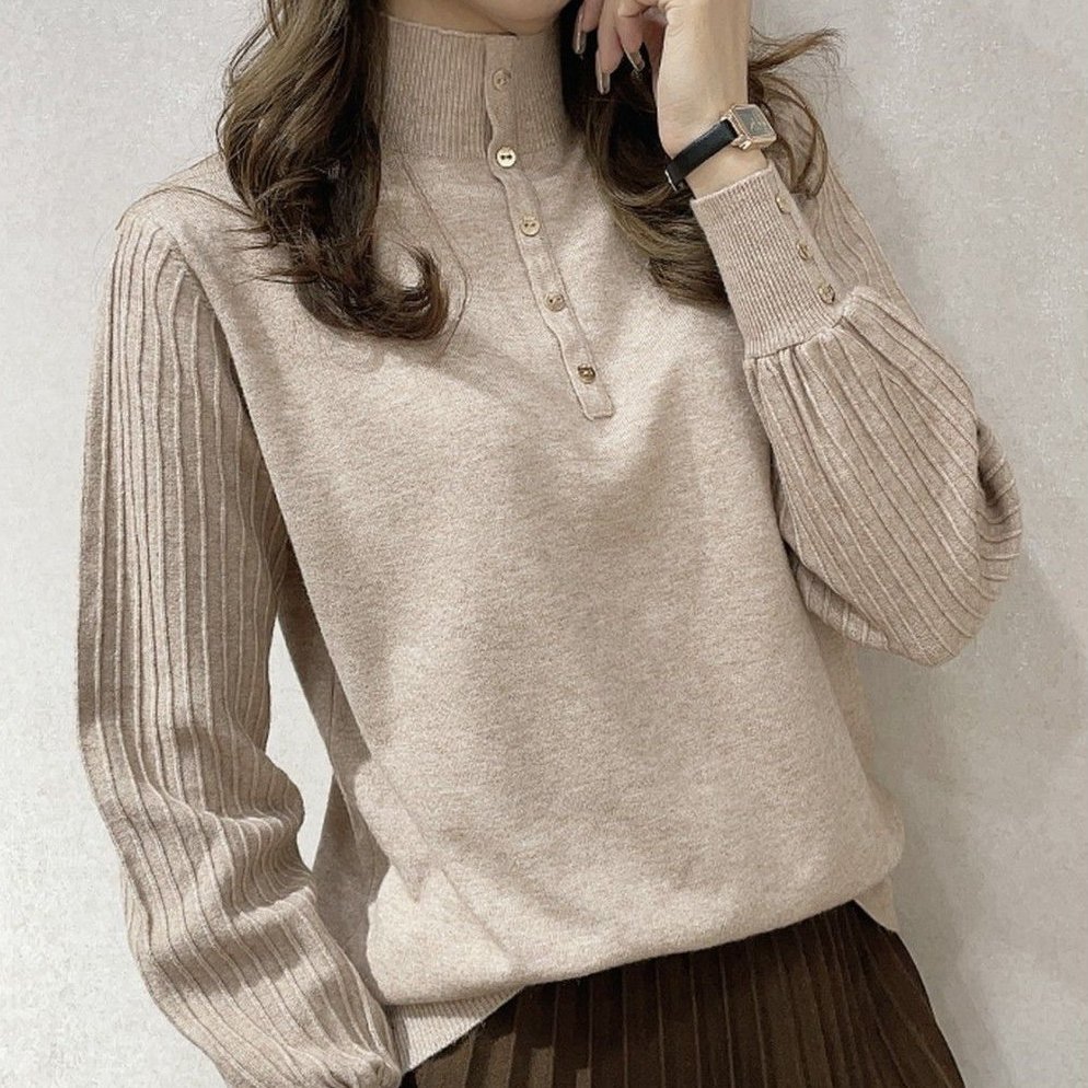 話題沸騰中カジュアルハイネック長袖ボタン無地ニットセーター