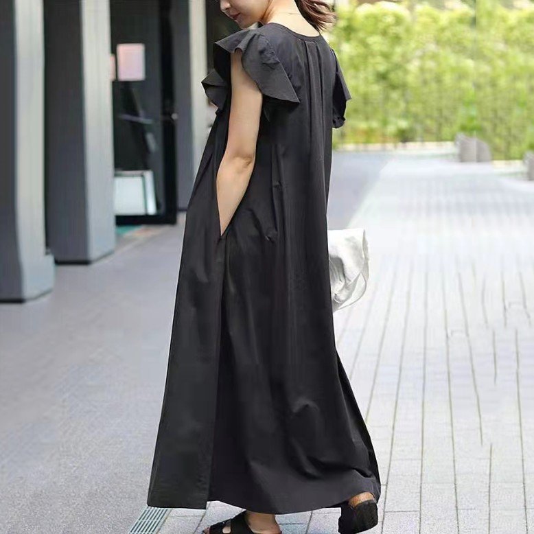 人気新作フリルスリーブAライン無地ルーズワンピース
