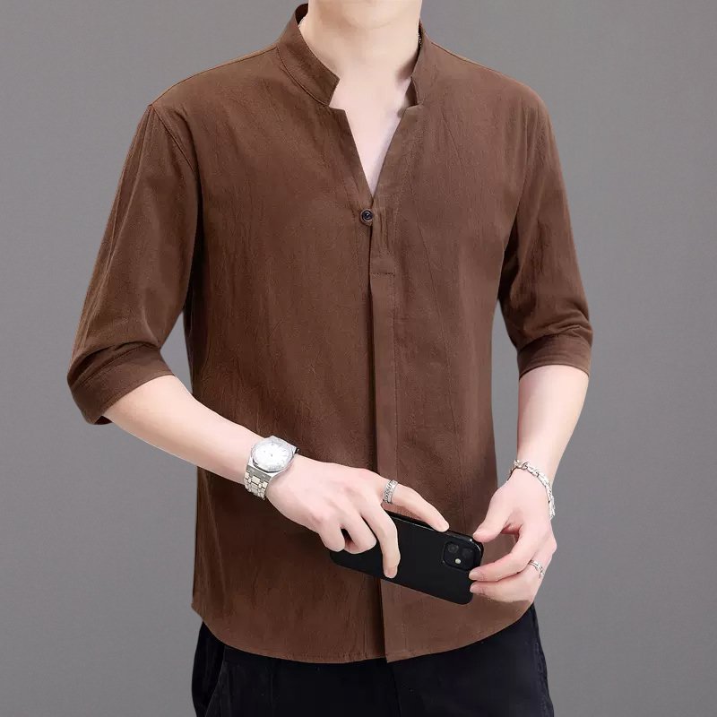 남성 7 부 소매 린넨 셔츠 
