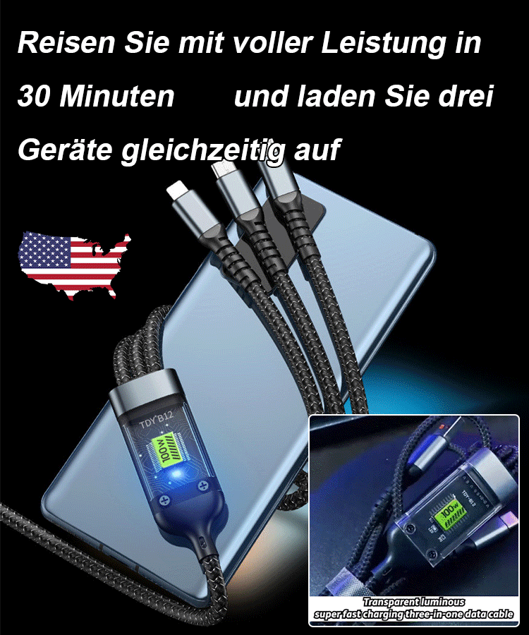 Transparentes Licht-emittierendes superschnelles Lade 3-in-1 Datenkabel