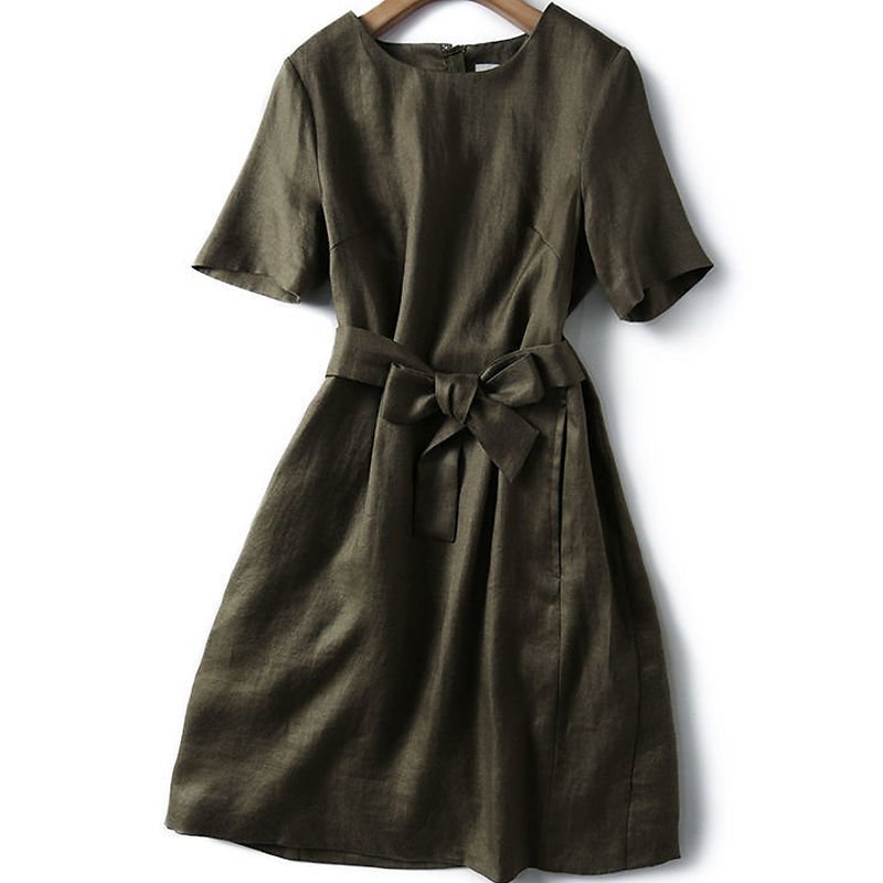 無地ポケット付きボウタイ半袖ワンピース