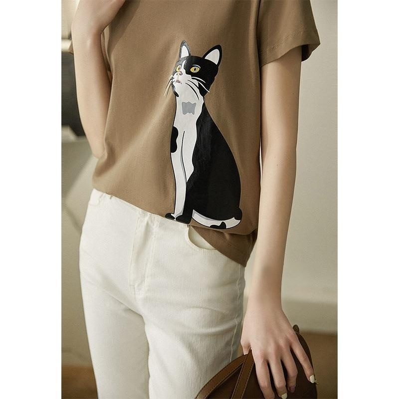 여성 라운드 넥 프린트 반팔 셔츠