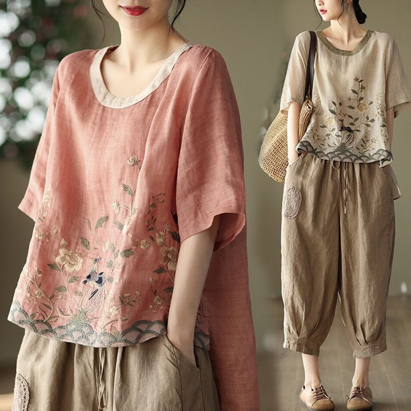 上品な綿麻素材の半袖ブラウス