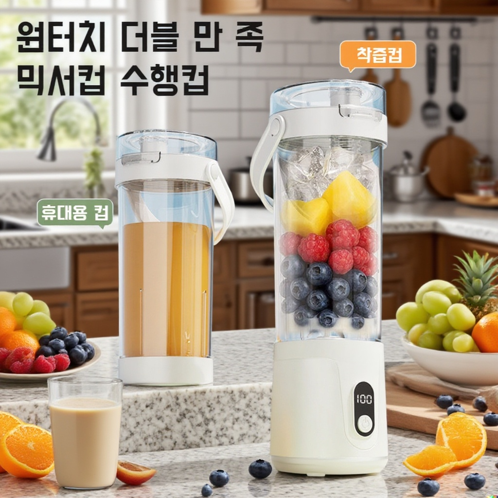 과일과 함께한 미니 착즙기 사용 장면