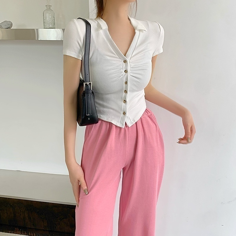 여성 여름 코튼 V넥 크롭 탑