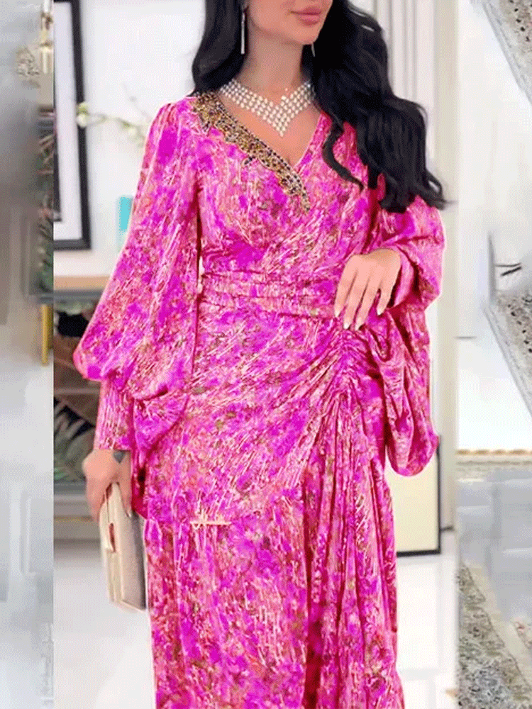 فستان أنيق ميزن بأنماط الزهور مع الياقة على شكل V 