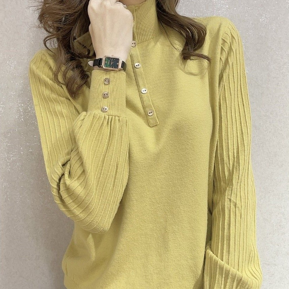 話題沸騰中カジュアルハイネック長袖ボタン無地ニットセーター