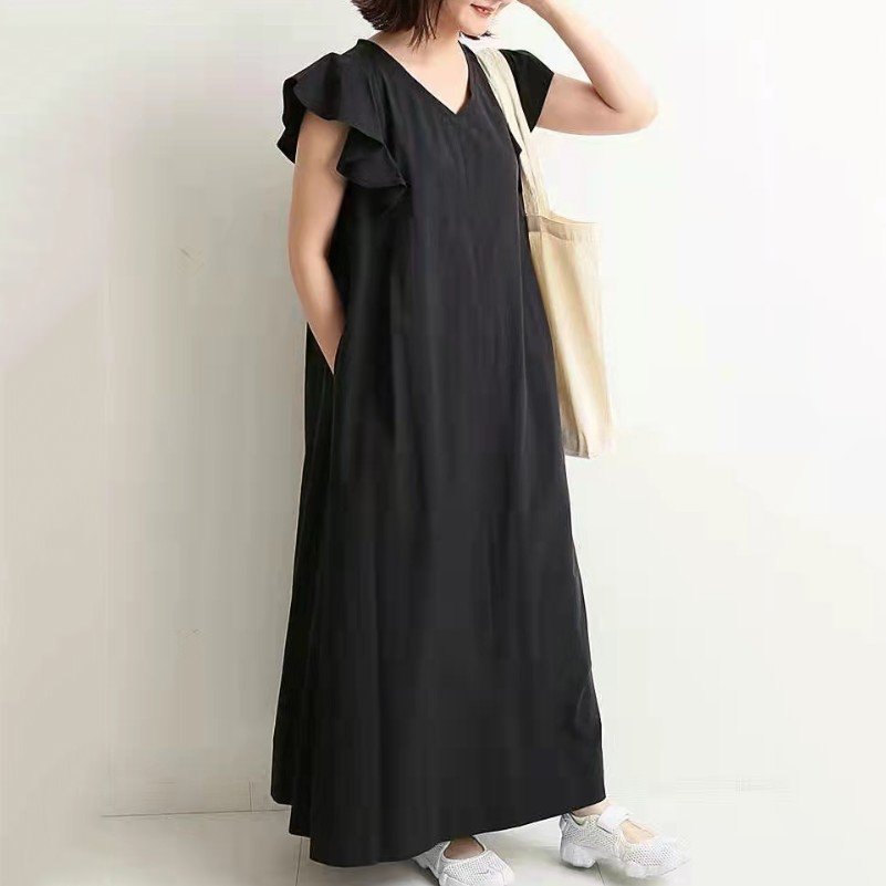 人気新作フリルスリーブAライン無地ルーズワンピース