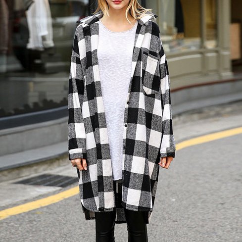 チェック柄配色ポケット付き長袖シャツ