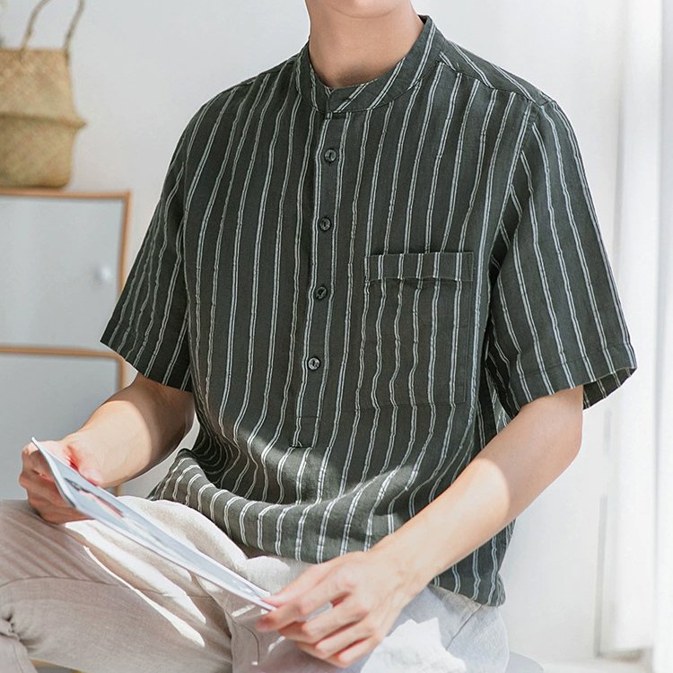 재패니스 루즈핏 스탠드 칼라 반팔 셔츠