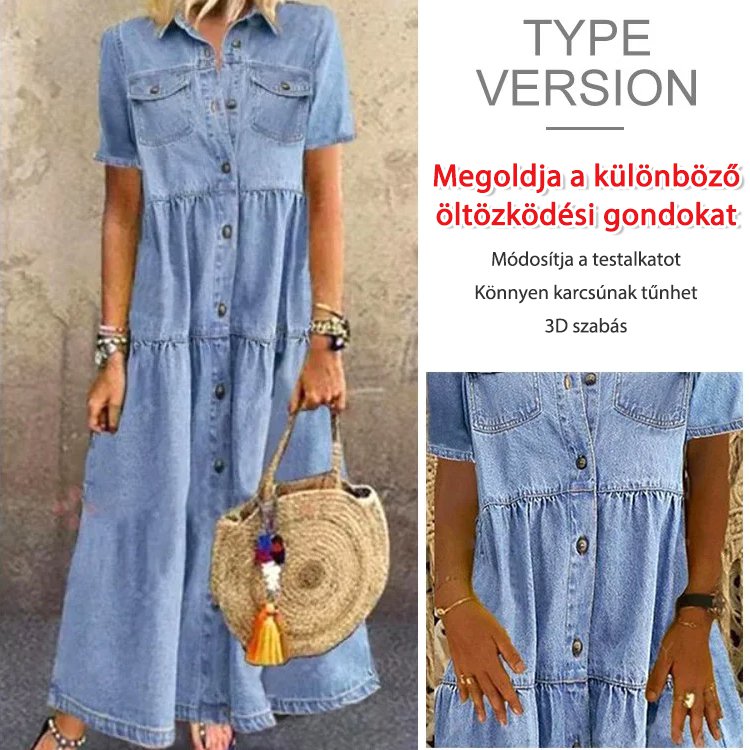 Denim stílusú, többgombos ruha