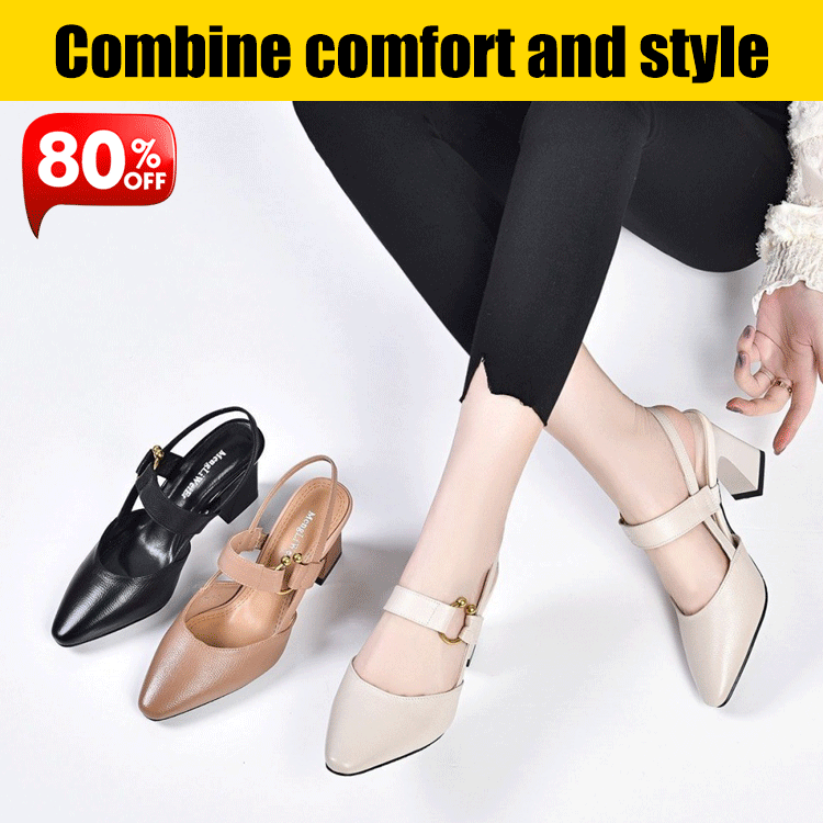Split cowhide square toe horseshoe heel chunky high heel women‘s shoes